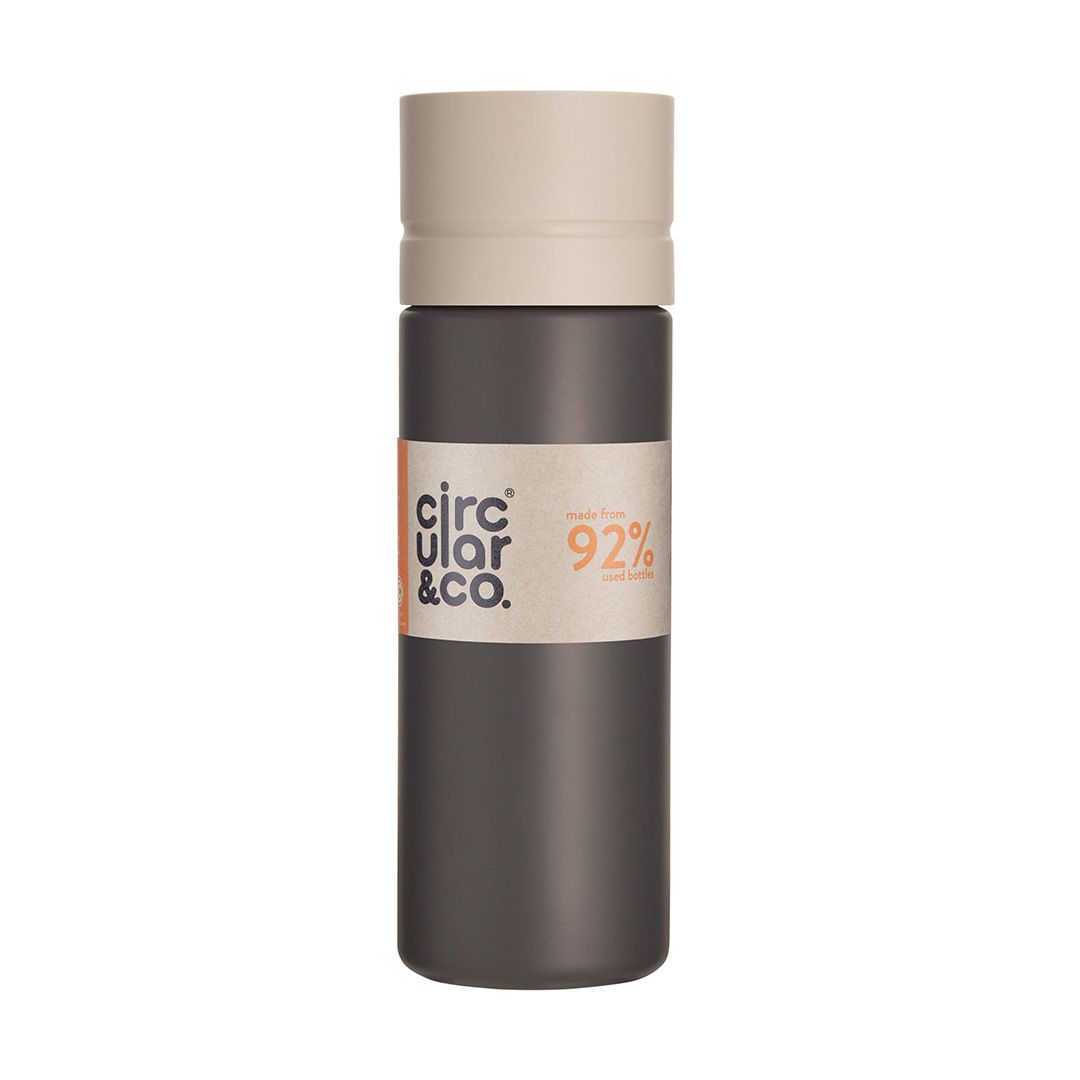 Custom printed circular bottle - black with white lid